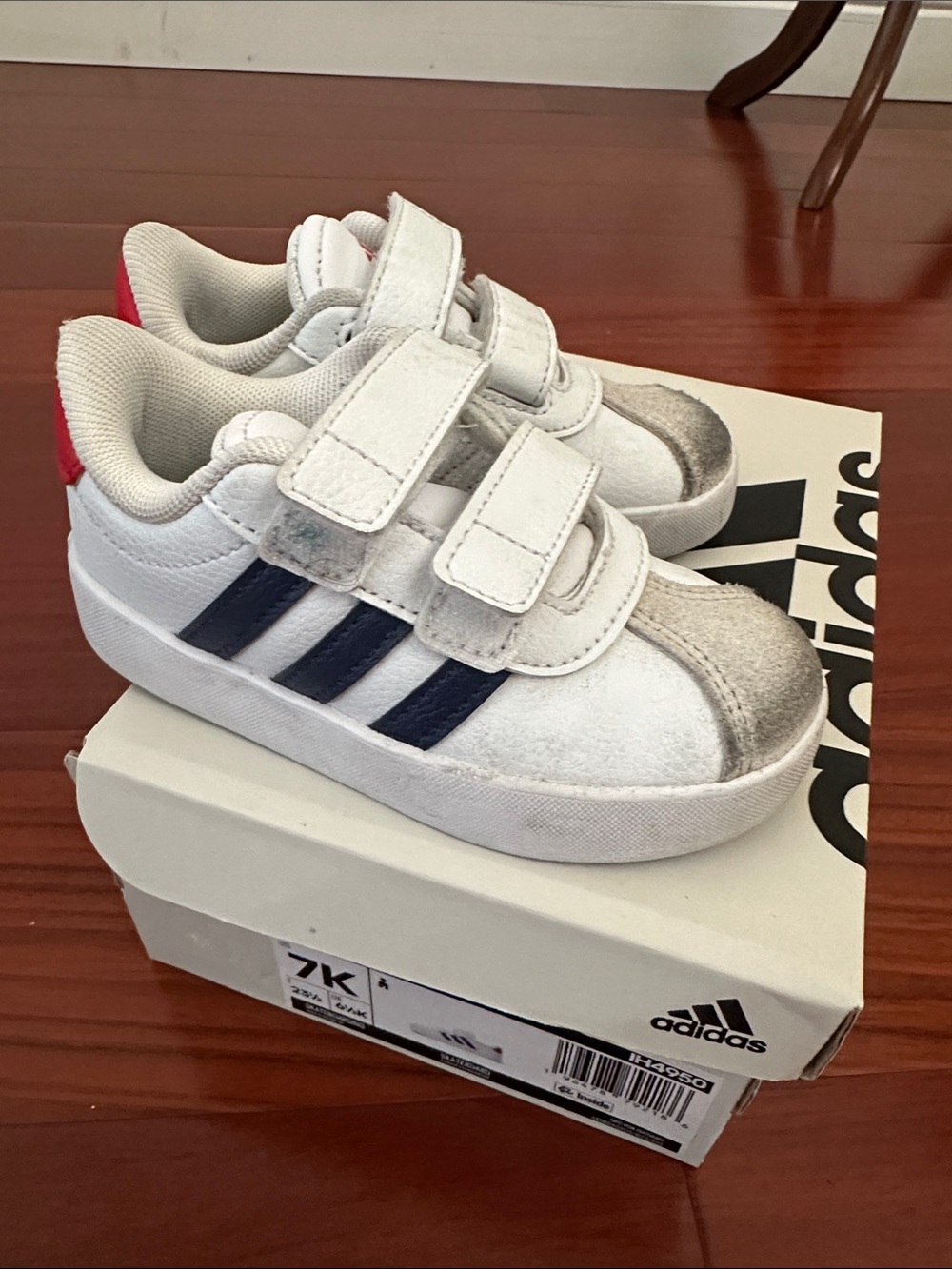adidas Kids White Sneakers with Navy Stripes and Red Heel Tab